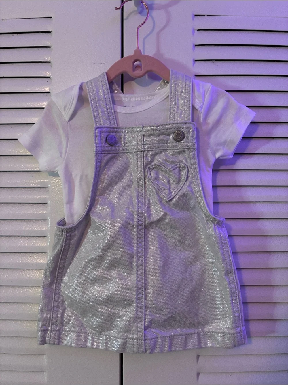 Old Navy Silver Shimmer Overall Dress with White Tee